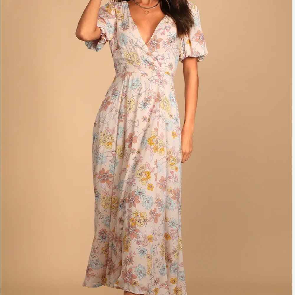 Lulu's Cream Midi Sundress with Puff Sleeves and V-Neckline NEW WITHOUT TAG